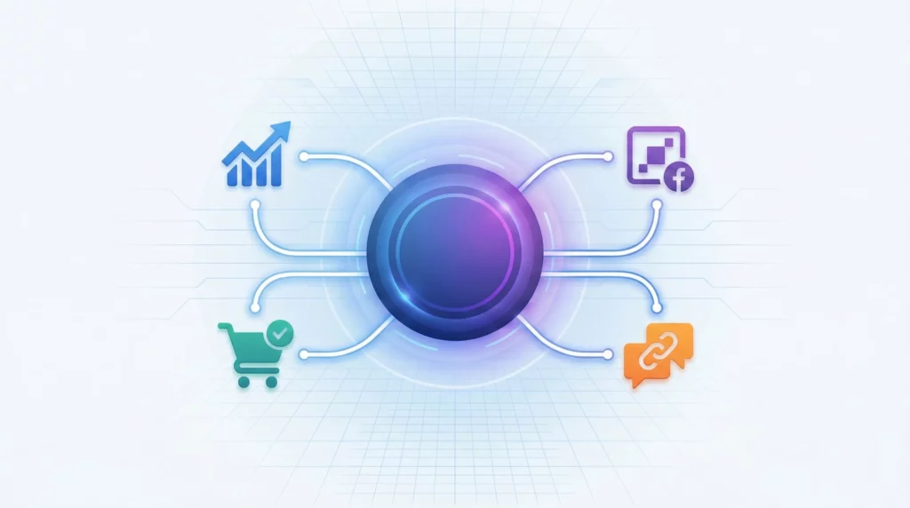Illustration of Google Tag Manager as a central hub connecting multiple marketing tracking tools through a single interface